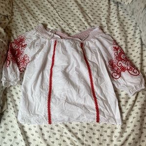 Red Floral embroidered off the shoulder top